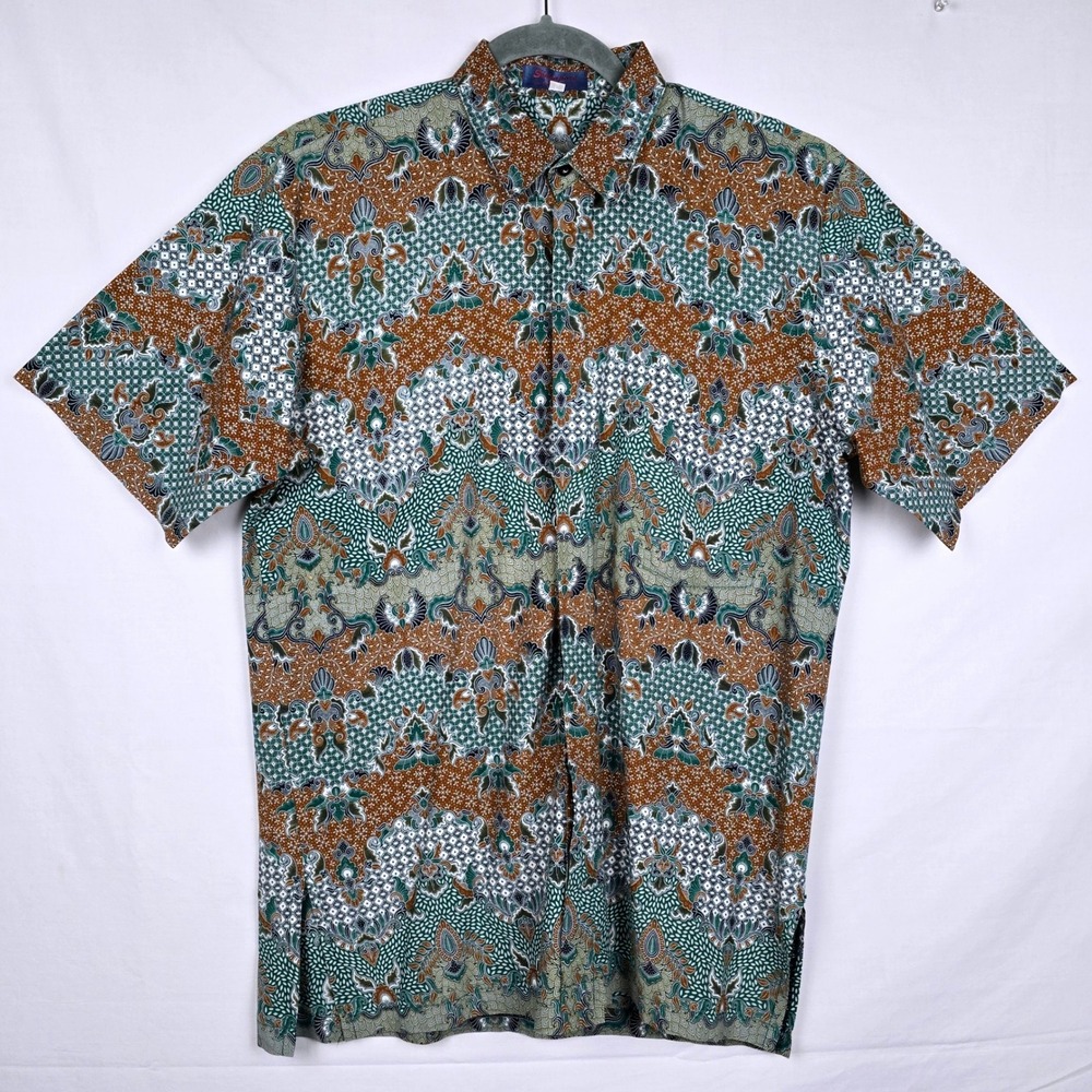 Singapore Collection Mens Batik Print Short Sleeve Button Down Green Brown Small